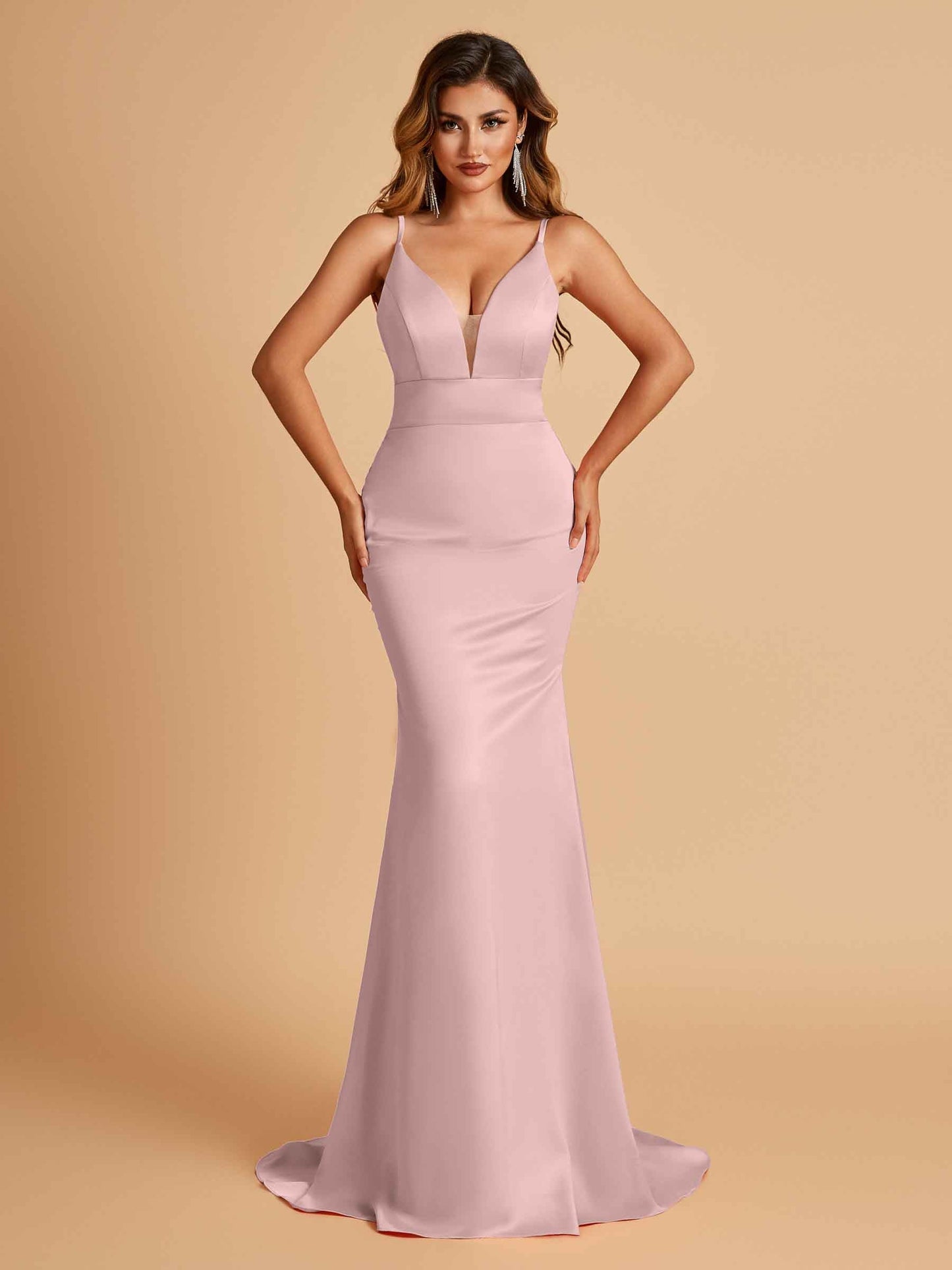 Satin Deep V-neck Mermaid Prom Dresses Open Back Floor Length