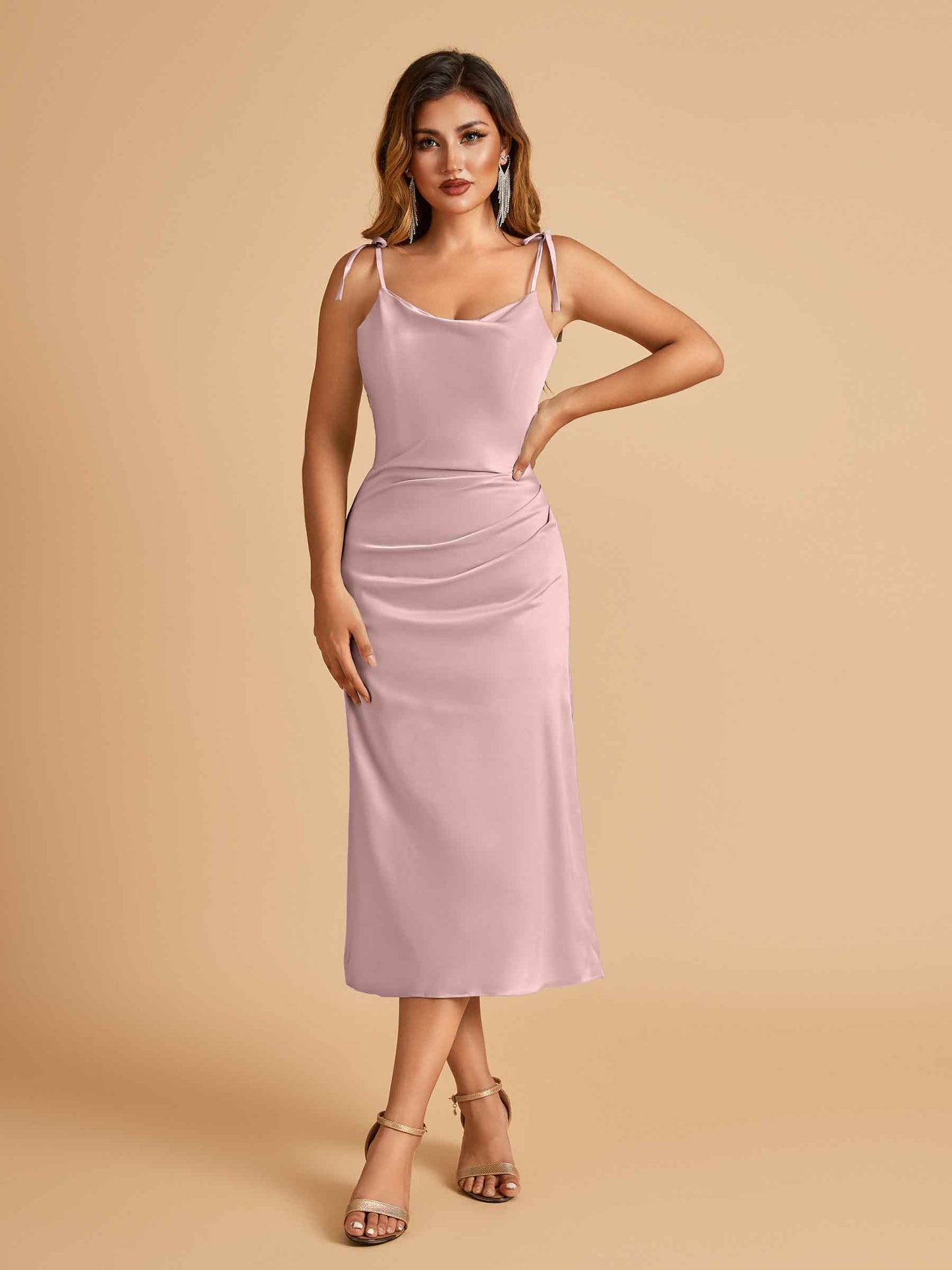 Sexy Satin Midi Bridesmaid Dresses Spaghetti Straps Slip Scoop Side Slit