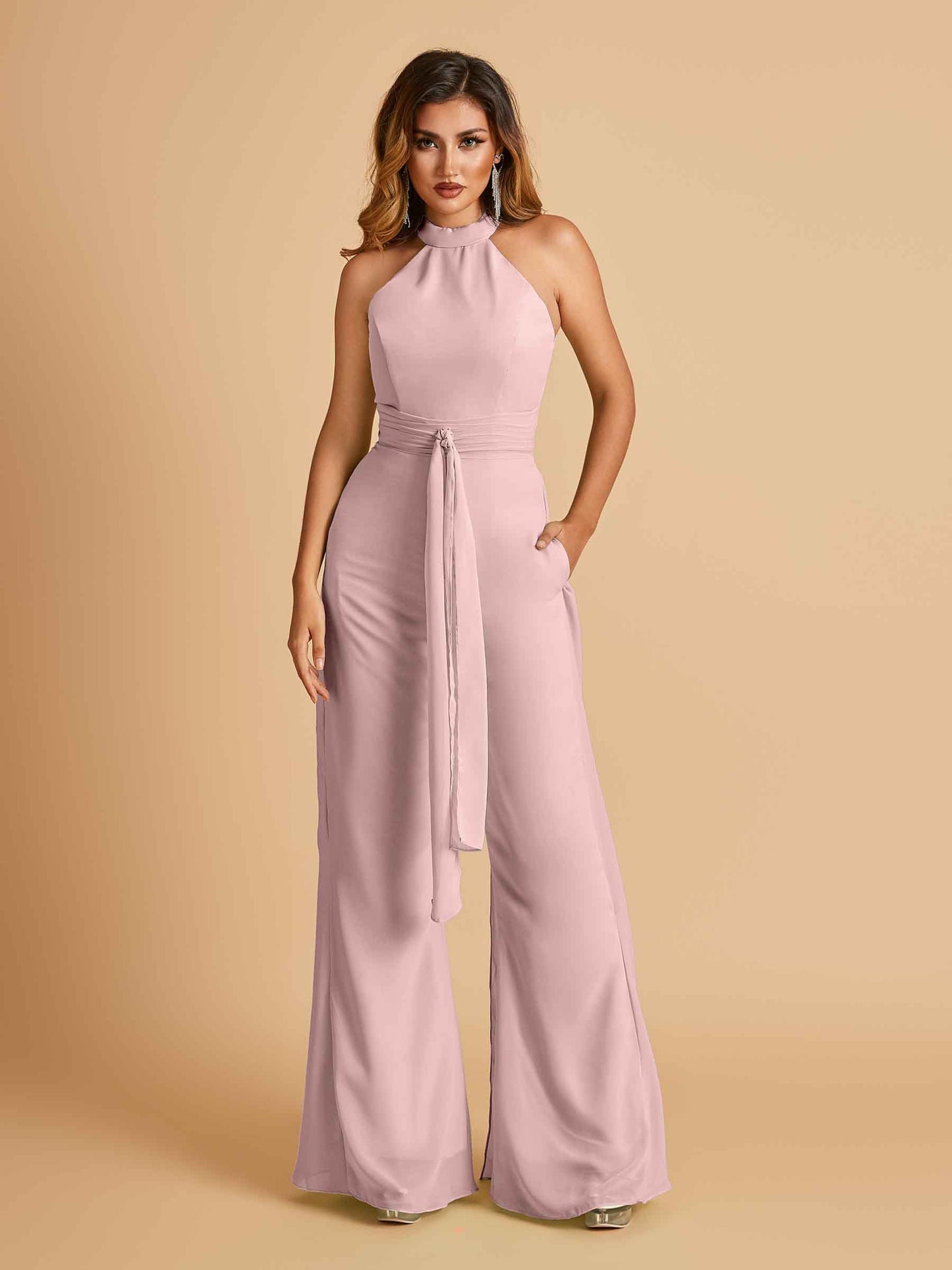 Chiffon Bridesmaid Jumpsuit Jewel Neck Sleeveless Floor Length With Pockets