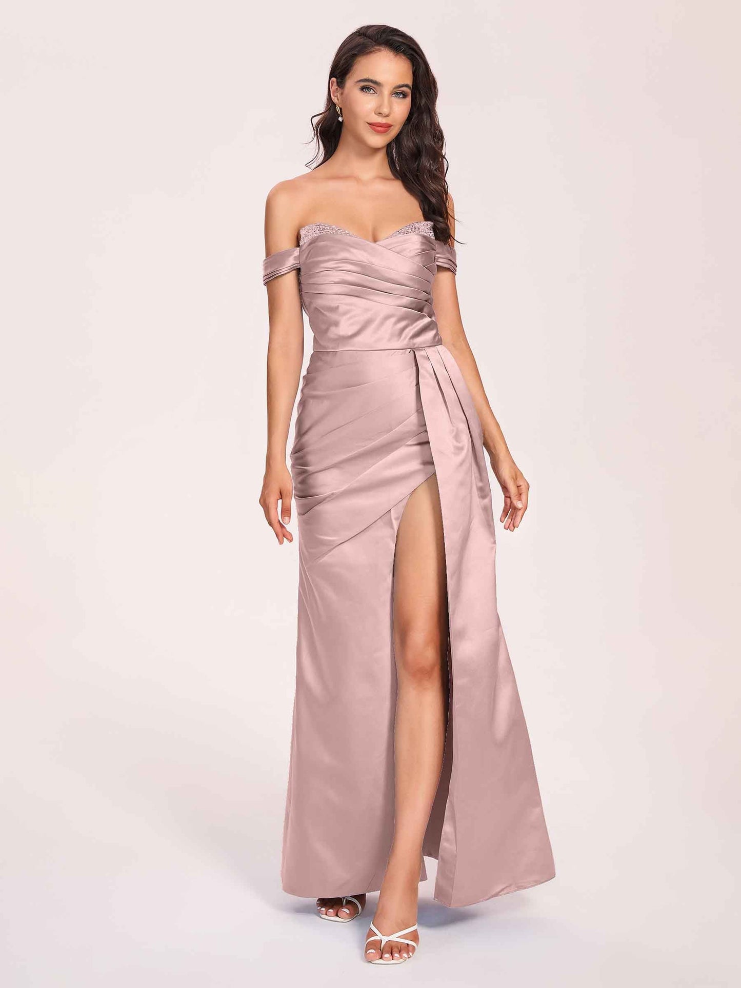 Elegant Satin Off Shoulder Prom Dresses Side-slit Sweetheart Floor Length Sheath