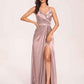 Sexy Satin A-line Prom Dresses Spaghetti Straps Side Slit V-neck Floor Length