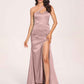 Sexy Satin One-shoulder Prom Dresses Side Slit Sheath Floor Length Long