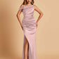 Unique Satin One Shoulder Prom Dresses Side Slit Half Open Back Floor Length