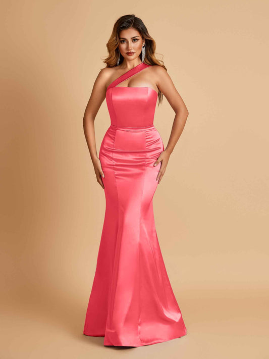 Sexy Satin Mermaid Prom Dresses One Shoulder Floor Length