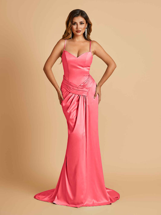 Satin Mermaid Sweetheart Bridesmaid Dresses Spaghetti Straps With Pleats Floor Length