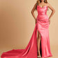 Sexy Satin Sheath Bridesmaid Dresses Strapless Sweetheart Side Slit With Train
