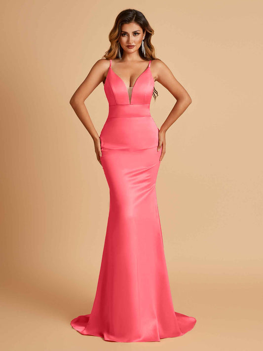 Satin Deep V-neck Mermaid Bridesmaid Dresses Open Back Floor Length