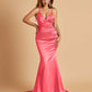 Satin Mermaid V-neck Prom Dresses Spaghetti Straps Floor Length