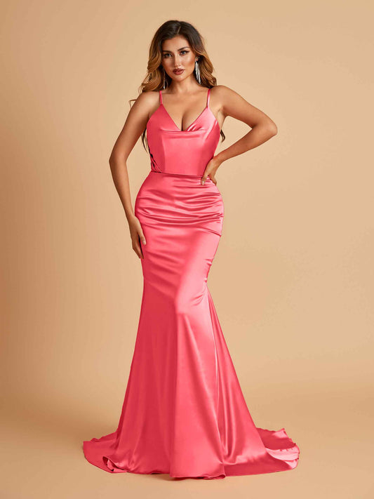 Sexy Satin Mermaid Bridesmaid Dresses Spaghetti Straps V-neck Pleats Floor Length