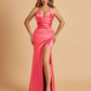 Sexy Satin Halter Straps Sheath Prom Dresses Side Slit Pleats Floor Length