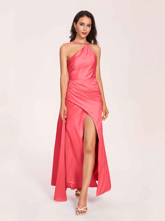 Sexy Satin Halter Strap Sheath Bridesmaid Dresses Side Slit Pleats Floor Length