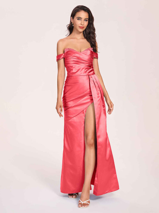 Elegant Satin Off Shoulder Bridesmaid Dresses Side-slit Sweetheart Floor Length Sheath