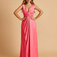 Sexy Satin Deep V-neck Long Bridesmaid Dresses A-line Pleats Sleeveless Floor Length