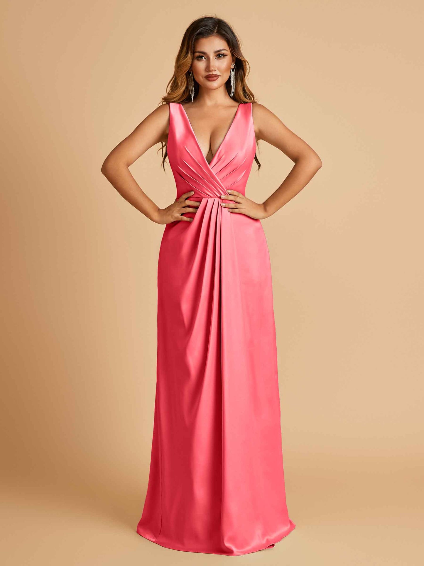 Sexy Satin Deep V-neck Long Bridesmaid Dresses A-line Pleats Sleeveless Floor Length