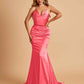Sexy Satin Mermaid Prom Dresses Spaghetti Straps V-neck Pleats Floor Length