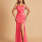 Satin Mermaid Long Bridesmaid Dresses Spaghetti Straps Scoop Side Slit Criss-cross Back For Sale