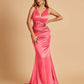 Sexy Satin Criss-cross Back Prom Dresses Mermaid Deep V-neck Back Pleats Floor Length