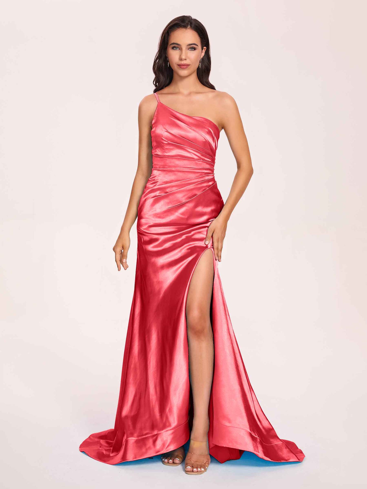 Satin One-shoulder Mermaid Prom Dresses Side Slit Pleats Floor Length