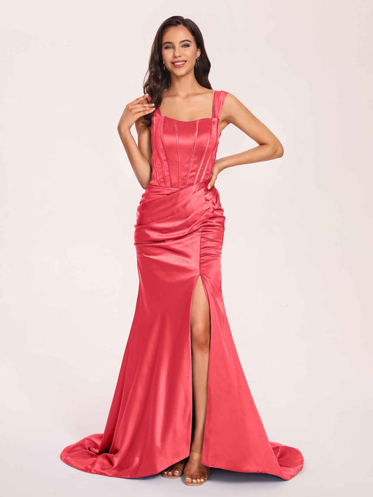 Sexy Satin Square Mermaid Prom Dresses Pleats Side-Slit Floor-Length Sleeveless