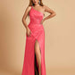 Satin One Shoulder Sheath Bridesmaid Dresses Spaghetti Straps Side Slit Floor Length