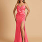 Sexy Satin Sheath Prom Dresses Spaghetti Straps V-neck Side Slit Floor Length
