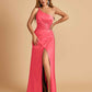 Satin One Shoulder Sheath Prom Dresses Spaghetti Straps Side Slit Floor Length