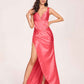 Satin Spaghetti Straps Corset Prom Dresses Pleats Side-Slit Sheath Floor Length