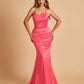 Sexy Satin Mermaid Bridesmaid Dresses Spaghetti Straps Scoop Criss-cross Back