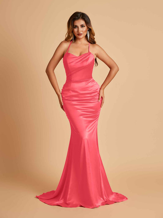 Sexy Satin Mermaid Bridesmaid Dresses Spaghetti Straps Scoop Criss-cross Back