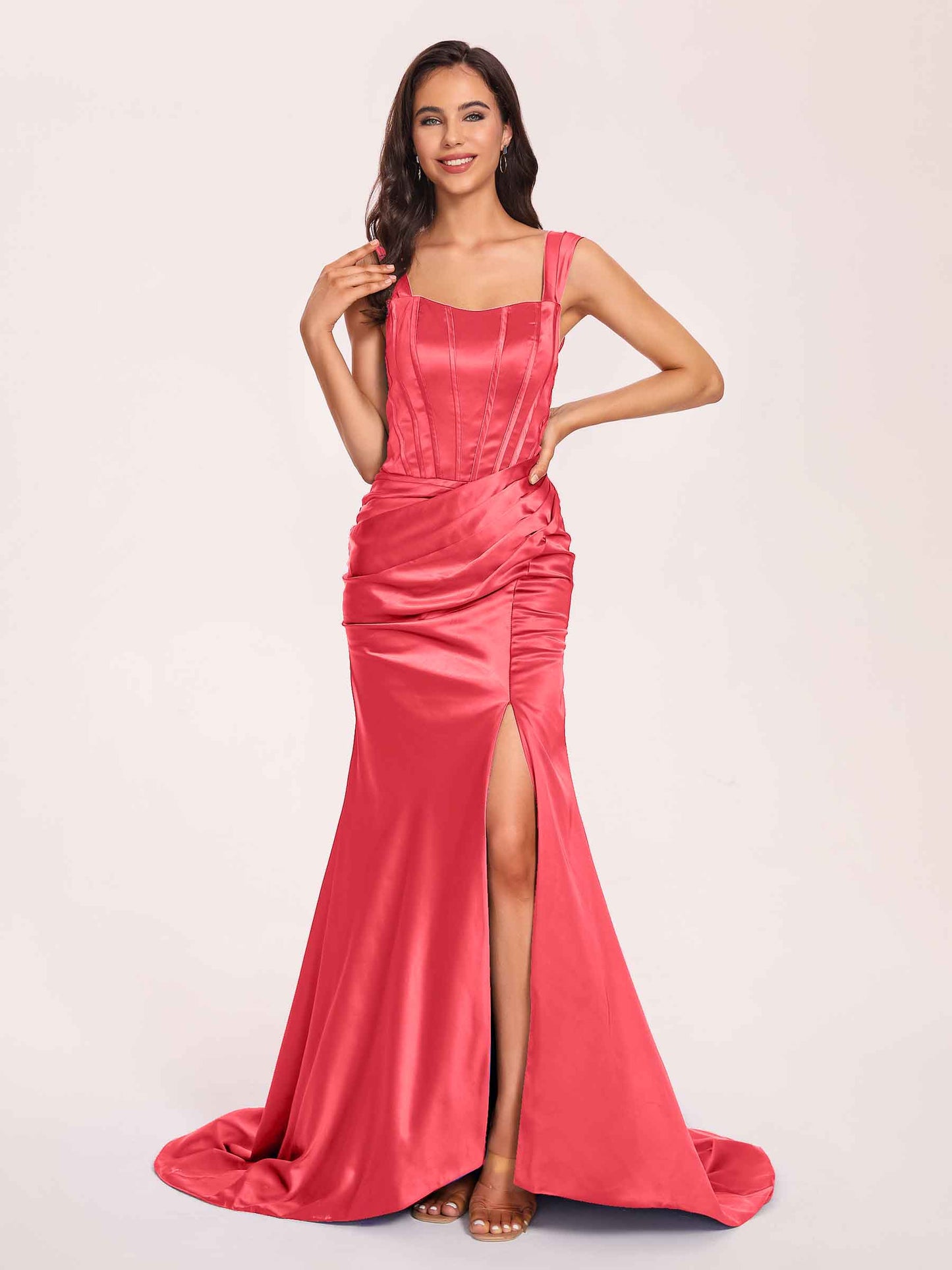 Sexy Satin Square Mermaid Bridesmaid Dresses Pleats Side-Slit Floor-Length Sleeveless