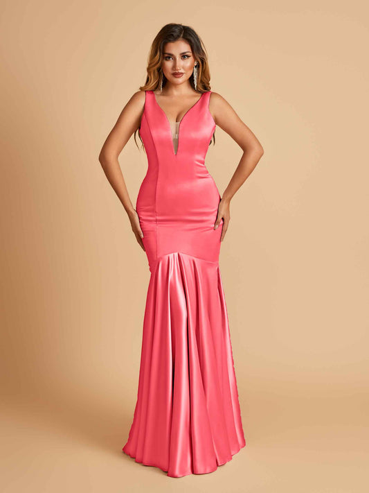 Satin Deep V-neck Mermaid Bridesmaid Dresses Half Open Back Floor Length