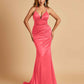 Satin Mermaid Open-back Bridesmaid Dresses Spaghetti Straps V-neck With Pleats Floor Length