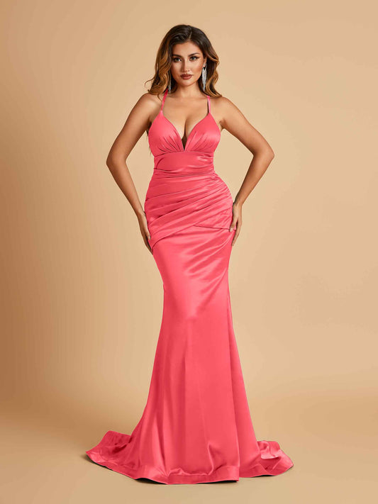 Satin Mermaid Open-back Bridesmaid Dresses Spaghetti Straps V-neck With Pleats Floor Length