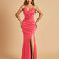 Sexy Satin Mermaid Bridesmaid Dresses Spaghetti Straps V-neck Side Slit Floor Length