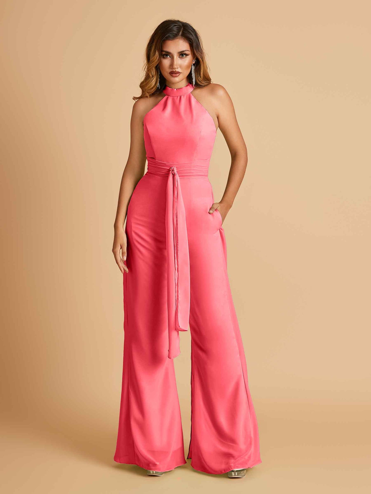 Chiffon Bridesmaid Jumpsuit Jewel Neck Sleeveless Floor Length With Pockets