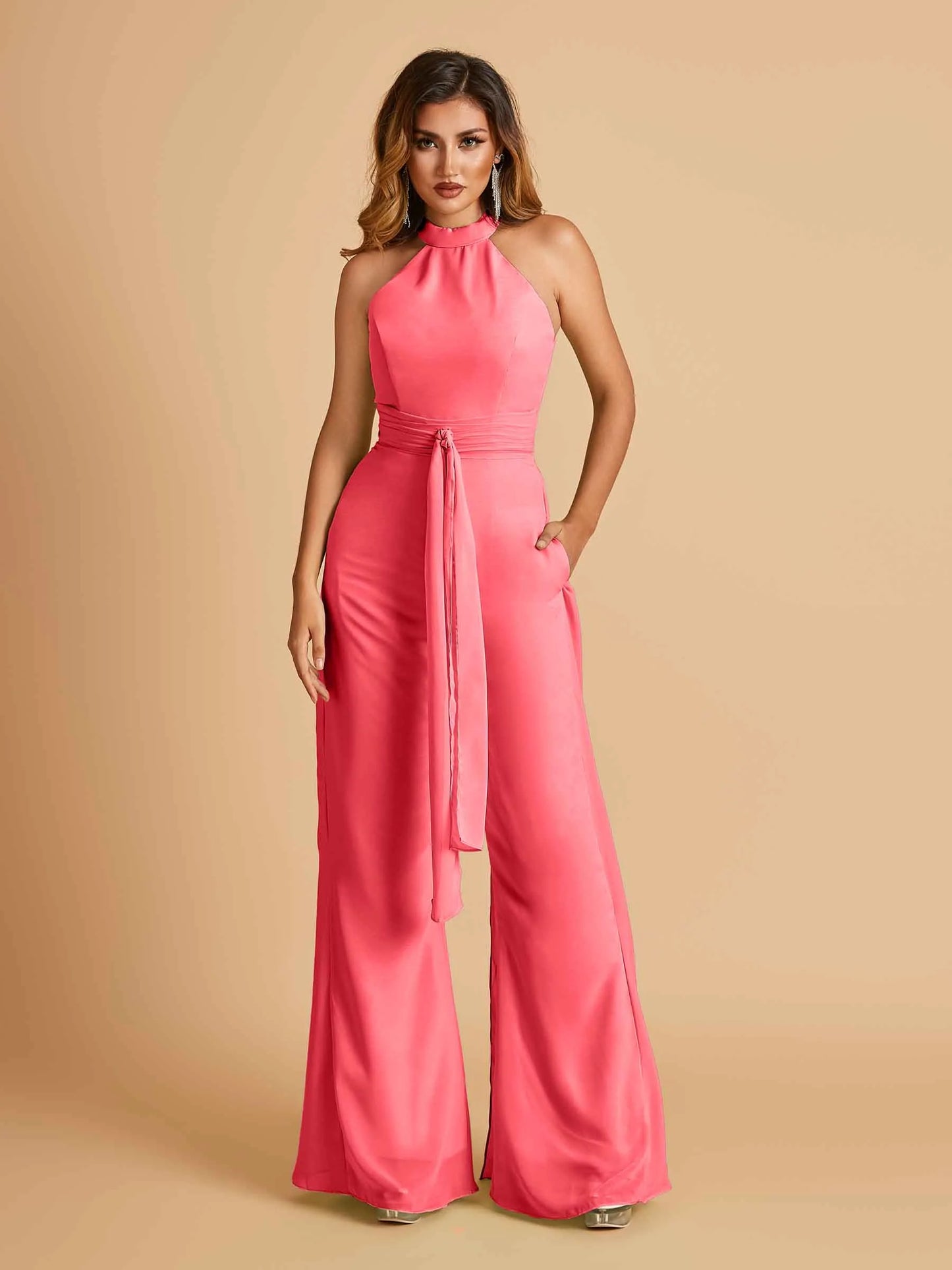 Chiffon Bridesmaid Jumpsuit Jewel Neck Sleeveless Floor Length With Pockets For Sale