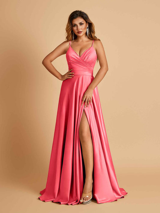 Satin A-line Long Bridesmaid Dresses Spaghetti Straps V-neck Side Slit Floor Length