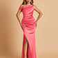 Unique Satin One Shoulder Bridesmaid Dresses Side Slit Half Open Back Floor Length