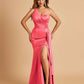 Satin One Shoulder Mermaid Bridesmaid Dresses Side Slit Floor Length