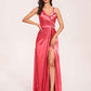 Sexy Satin A-line Prom Dresses Spaghetti Straps Side Slit V-neck Floor Length