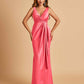 Sexy Satin Sheath V-neck Bridesmaid Dresses Strapless Floor Length