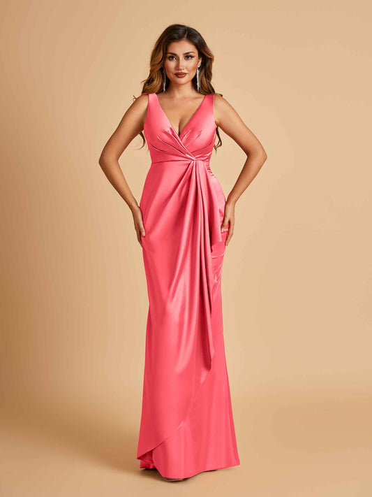 Sexy Satin Sheath V-neck Bridesmaid Dresses Strapless Floor Length