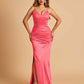 Satin Mermaid Long Bridesmaid Dresses Spaghetti Straps V-neck Side Slit Floor Length For Sale