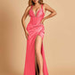 Sexy Sweetheart Sheath Prom Dresses Spaghetti Straps Satin Side Slit Pleats Floor Length