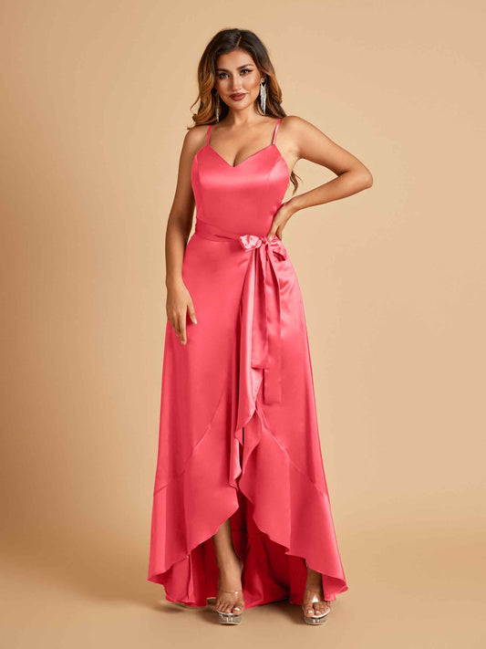 Satin Asymmetric V-neck Bridesmaid Dresses Sleeveless Side Slit A-line Unique