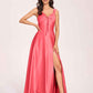 Satin V-neck A-line Prom Dresses Side slit Floor Length