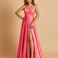 Satin A-line Long Prom Dresses Spaghetti Straps V-neck Side Slit Floor Length