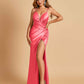 Sexy Satin Spaghetti Straps Prom Dresses V-neck Side Slit Pleats Floor Length Sheath