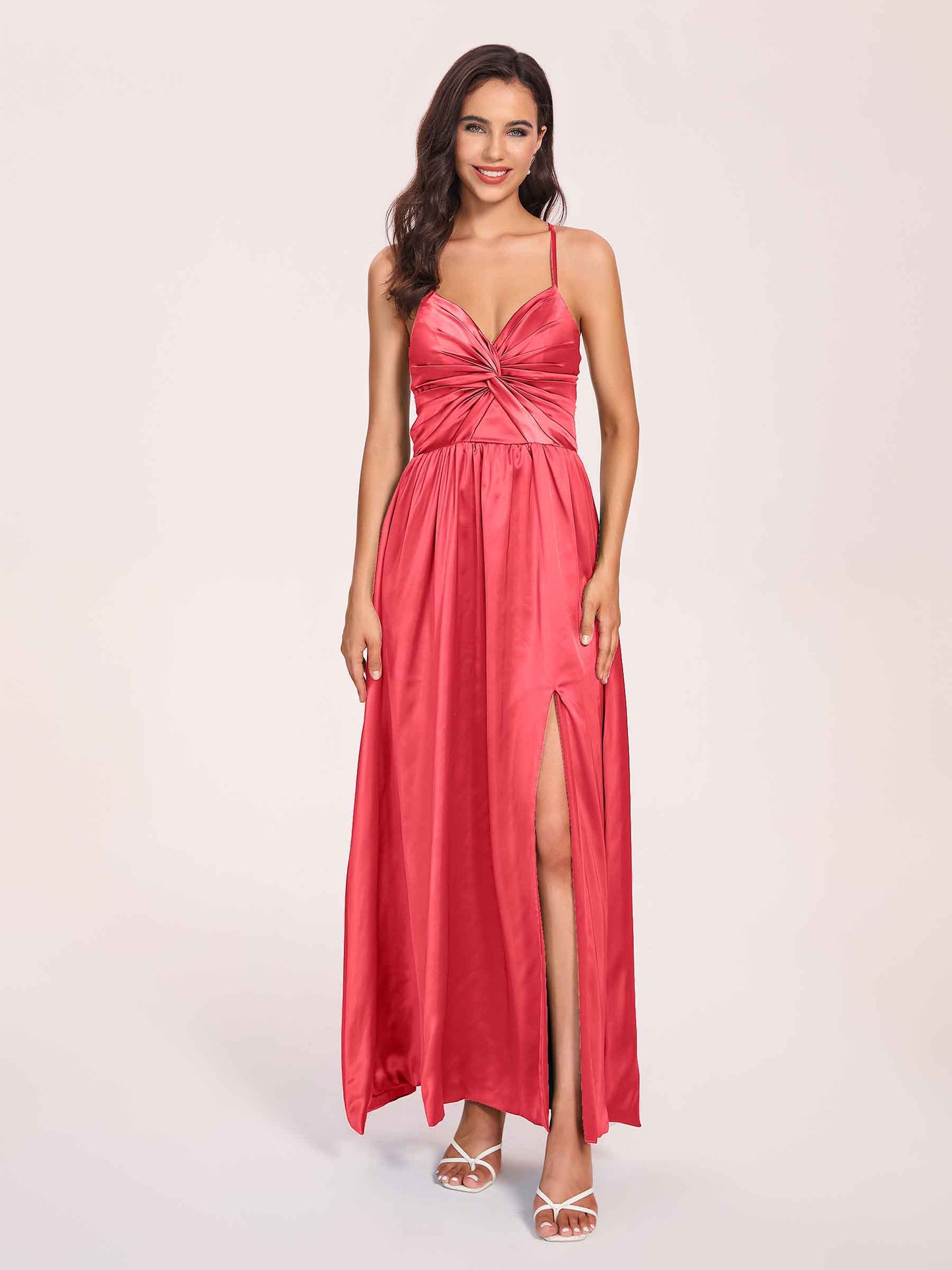 Satin Spaghetti Straps A-line Bridesmaid Dresses Side Slit Floor Length