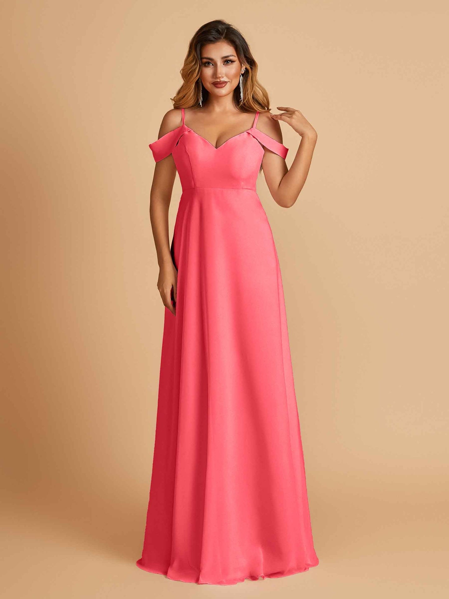 Chiffon Off-shoulder Long Bridesmaid Dresses V-neck Floor Length A-line For Sale